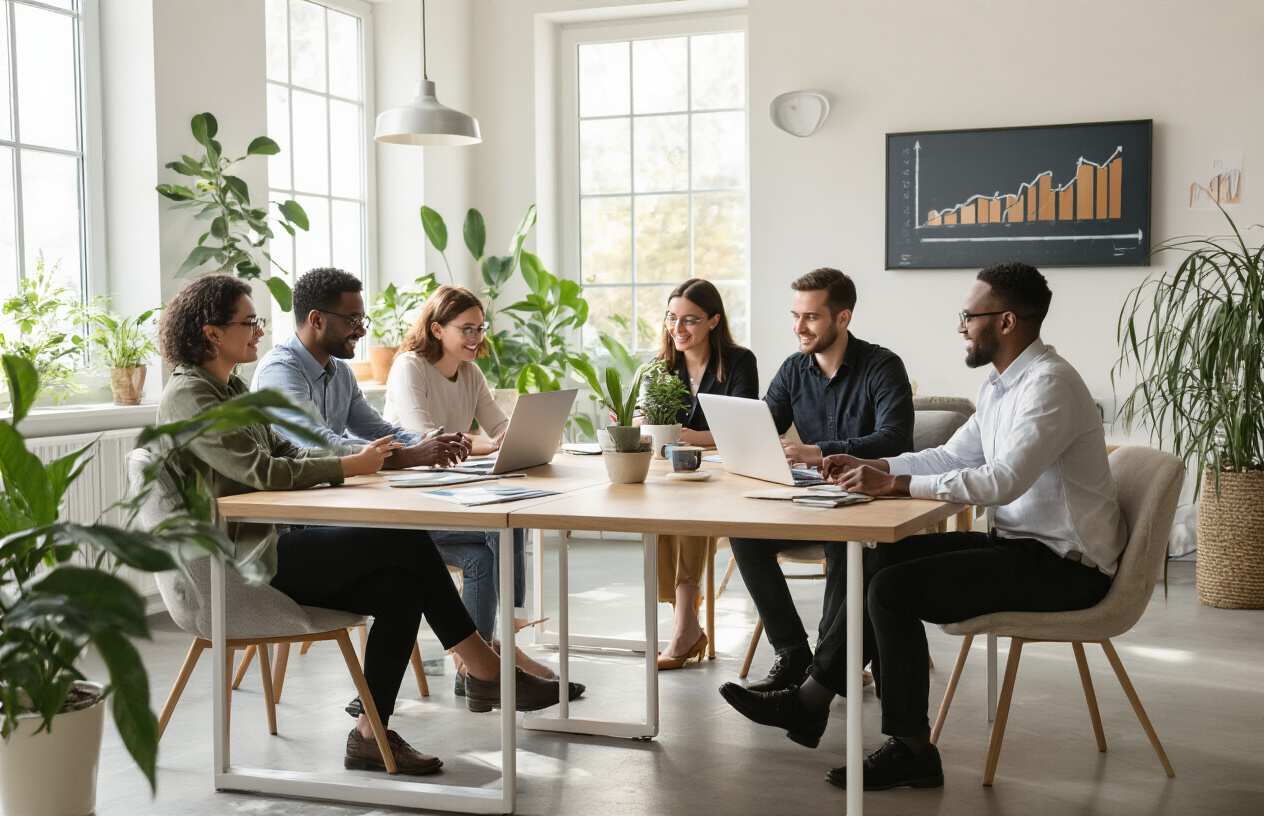 Create a realistic image of a diverse group of people in a modern, bright workspace with natural lighting, showing a balanced work-life scene where some people are collaborating around a table with laptops while others are relaxing in comfortable seating areas, with plants and warm lighting creating a calm, productive atmosphere that conveys success without stress, featuring both white and black professionals of mixed genders in business casual attire, with subtle symbols of growth like upward trending charts on a wall and money plants, all set against a clean, organized background with large windows showing a peaceful outdoor view, absolutely NO text should be in the scene.