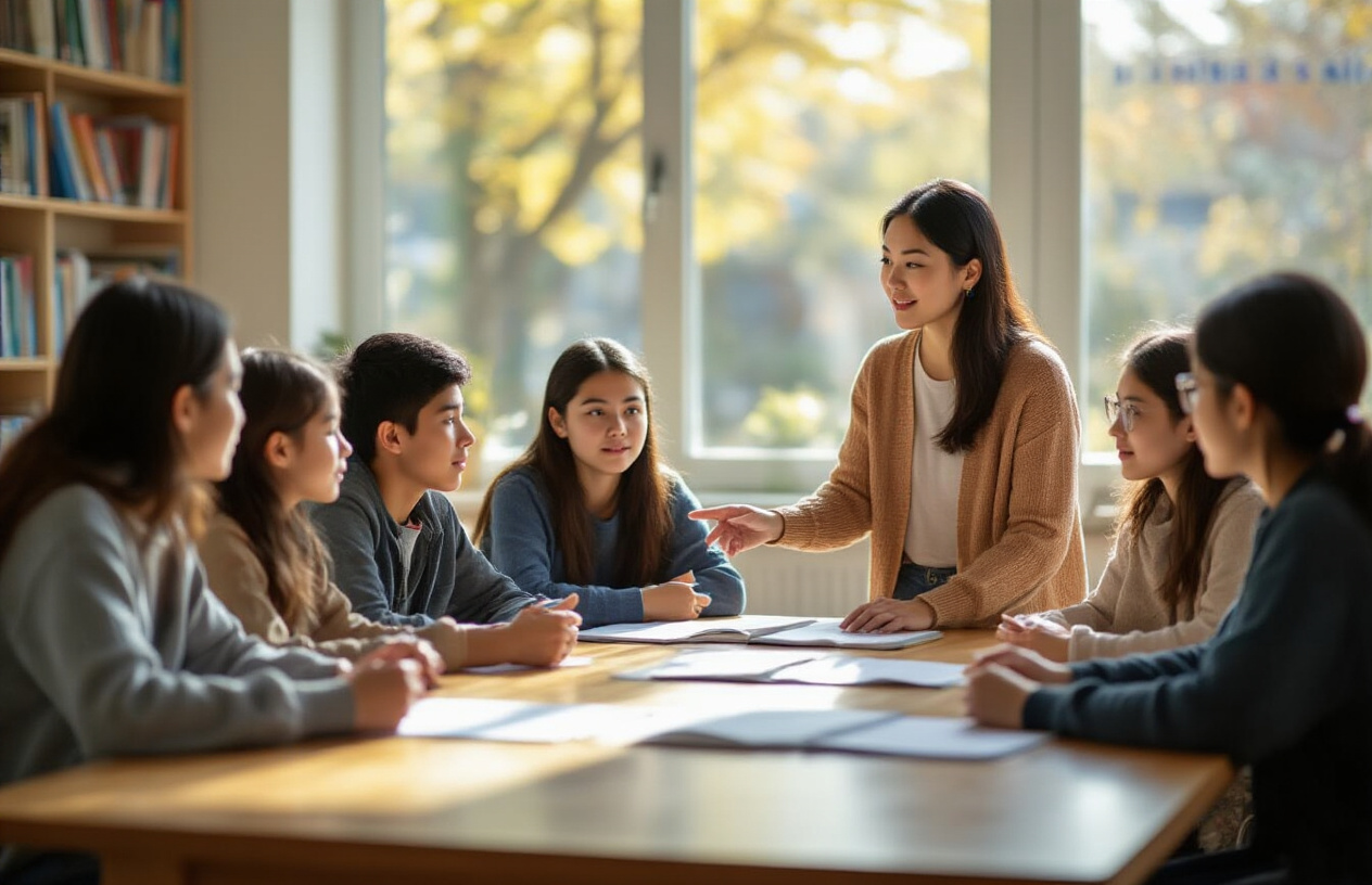 Create a realistic image of a diverse group of students of different ages and ethnicities sitting around a wooden table in a bright, modern tutoring center, with some students appearing engaged and taking notes while others look confused or distracted, a caring Asian female tutor standing beside them pointing to educational materials on the table, warm natural lighting streaming through large windows creating a hopeful atmosphere, with educational posters and bookshelves visible in the blurred background, showing the contrast between different learning needs and styles in a group setting, absolutely NO text should be in the scene.