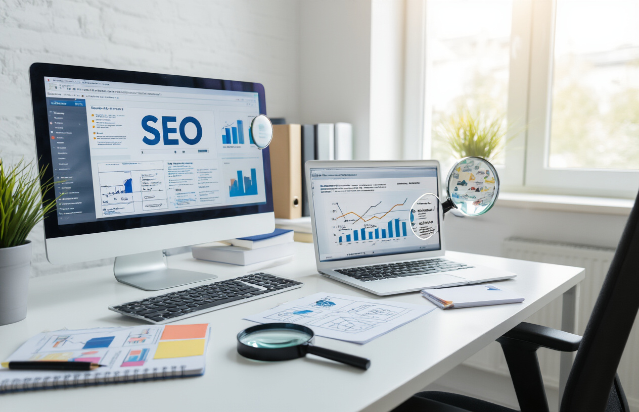 Create a realistic image of a modern office workspace with a computer monitor displaying SEO-related visual elements like search engine results pages, keyword analytics charts, and website optimization diagrams, surrounded by digital marketing tools including notebooks with sketched website wireframes, magnifying glass highlighting search keywords, and colorful flowcharts showing website ranking processes, set against a clean white desk with soft natural lighting from a nearby window, creating a professional and educational atmosphere that represents digital marketing fundamentals. Absolutely NO text should be in the scene.