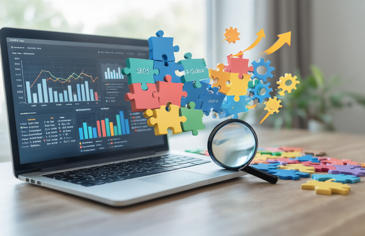 Create a realistic image of a modern digital workspace showing key SEO elements including a laptop displaying analytics charts and graphs, colorful puzzle pieces labeled with SEO components floating above the screen, a magnifying glass highlighting search result rankings, interconnected gears representing technical optimization, and upward trending arrows symbolizing improved rankings, set against a clean white background with soft natural lighting, absolutely NO text should be in the scene.