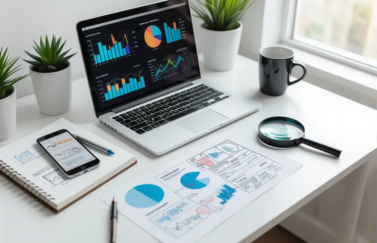 Create a realistic image of a clean, modern workspace with a laptop computer displaying colorful analytics graphs and charts on the screen, surrounded by essential digital marketing tools including a notebook with hand-drawn website wireframes, a smartphone showing search results, and a magnifying glass positioned over printed keyword research documents, set against a bright white desk with soft natural lighting from a nearby window, conveying a professional and organized learning environment for digital marketing education, absolutely NO text should be in the scene.