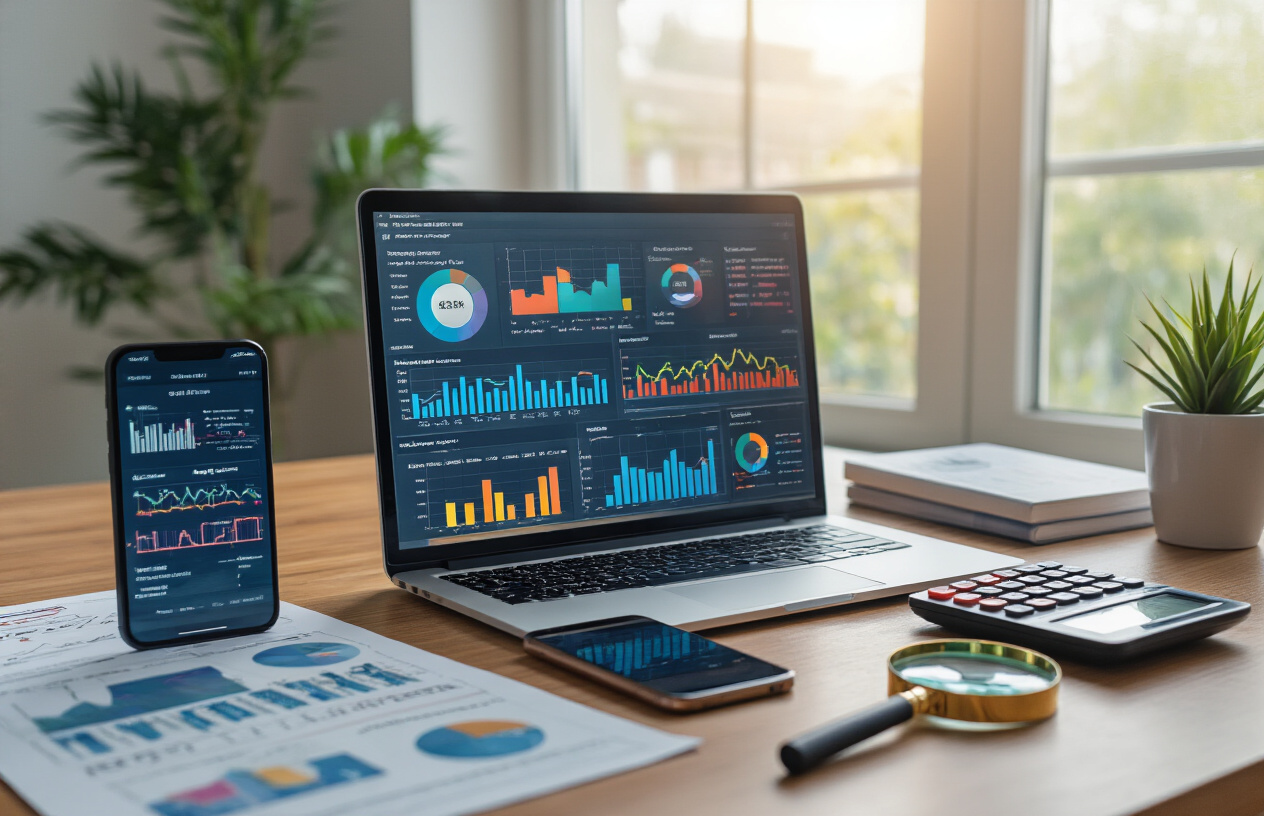 Create a realistic image of a modern office desk with a laptop computer displaying colorful analytics dashboard with graphs, charts, and performance metrics on the screen, surrounded by marketing reports, a smartphone showing website traffic data, a magnifying glass, and a calculator, with soft natural lighting from a nearby window creating a professional workspace atmosphere focused on data analysis and performance measurement. Absolutely NO text should be in the scene.