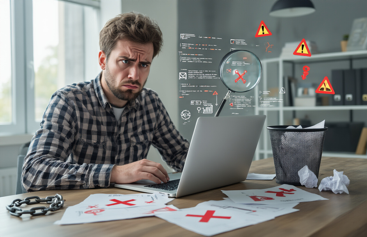 Create a realistic image of a frustrated white male web developer sitting at a modern desk with a laptop computer, surrounded by scattered papers with red X marks and warning symbols, a magnifying glass highlighting error symbols on the screen, broken chain links scattered on the desk, a trash bin with crumpled SEO strategy documents, and warning triangles floating around the workspace, set in a modern office environment with soft natural lighting from a window, creating a mood of concern and the need for correction, with absolutely NO text should be in the scene.