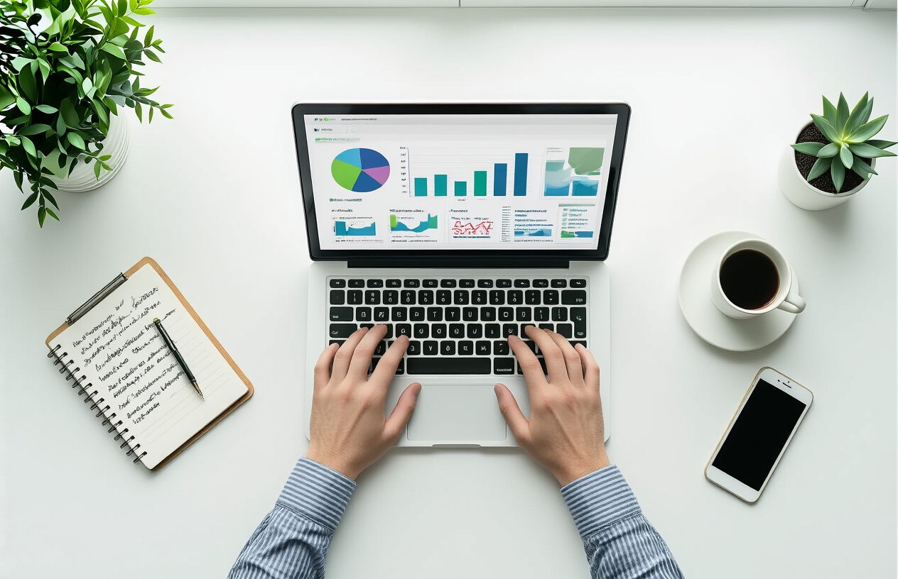 Create a realistic image of a modern office desk from above showing a laptop computer displaying colorful analytics graphs and charts, surrounded by SEO-related items including a notebook with handwritten notes, a coffee cup, a smartphone, and subtle decorative elements like a small plant, all arranged on a clean white desk surface with soft natural lighting from a window, creating a professional and inspiring atmosphere that represents digital marketing success and optimization completion. Absolutely NO text should be in the scene.