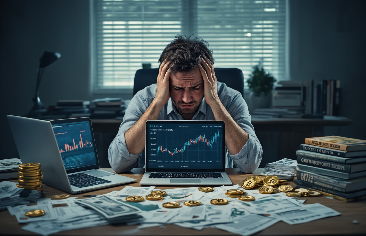 Create a realistic image of a stressed white male in his 30s sitting at a cluttered desk with a laptop showing declining financial charts, surrounded by scattered "get rich quick" books and fake cryptocurrency coins, with his head in his hands expressing frustration and disappointment, in a dimly lit home office with bills and papers scattered around, conveying the mood of financial stress and broken dreams, absolutely NO text should be in the scene.
