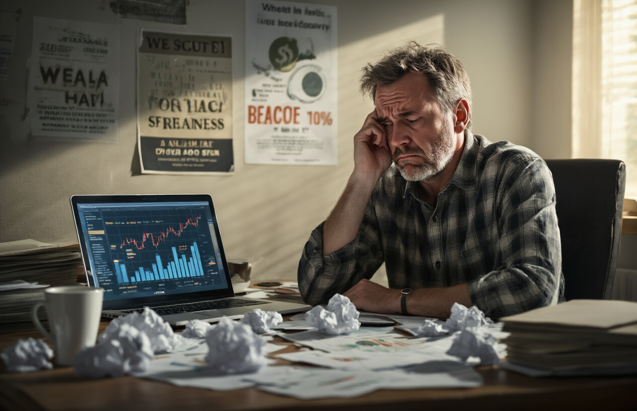 Create a realistic image of a middle-aged white male sitting at a cluttered desk looking frustrated and stressed while staring at a laptop screen showing declining financial charts, surrounded by crumpled papers, empty coffee cups, and financial documents scattered around, with a dimly lit home office background featuring motivational posters about wealth and success that appear faded or falling off the wall, conveying a mood of disappointment and shattered expectations about easy money-making schemes, with soft natural lighting coming through a window casting shadows that emphasize the subject's dejected posture and expression. Absolutely NO text should be in the scene.
