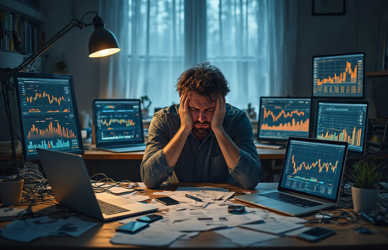 Create a realistic image of a frustrated white male in his 30s sitting at a cluttered desk with multiple open laptops and smartphones displaying financial charts and investment apps, surrounded by tangled cables and scattered papers, with his head in his hands showing stress and overwhelm, in a dimly lit home office with warm artificial lighting creating shadows, conveying the false promise of effortless automated passive income, absolutely NO text should be in the scene.