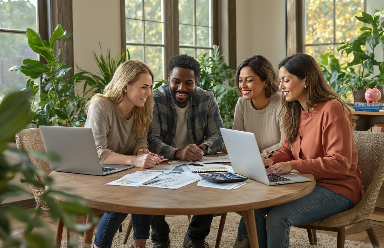 Create a realistic image of a diverse group of Americans including a white female, black male, and Hispanic female sitting around a modern coffee table with laptops, financial documents, and calculators, looking relieved and empowered as they discuss realistic financial planning strategies, with warm natural lighting streaming through large windows, plants in the background creating a calm atmosphere, and subtle symbols of genuine wealth-building like books on investing and a piggy bank on a nearby shelf, with expressions of clarity and determination replacing previous stress and confusion. Absolutely NO text should be in the scene.