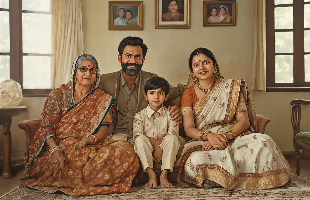 Create a realistic image of a warm Indian family portrait showing multiple generations including parents and children in traditional Indian clothing, set in a modest middle-class home interior with family photographs on walls, soft natural lighting streaming through windows, capturing the essence of a close-knit Bollywood family background from the 1970s-80s era, with warm earth tones and vintage furniture, absolutely NO text should be in the scene.