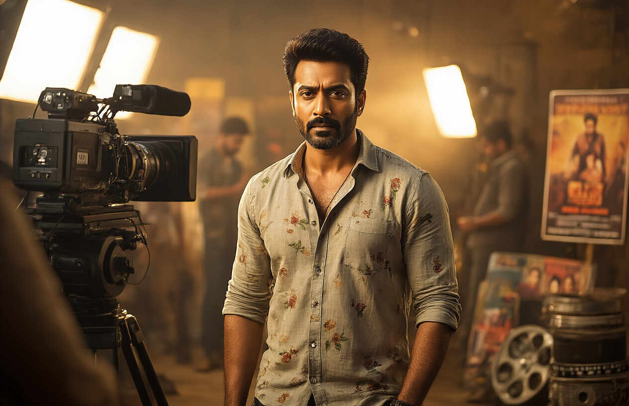 Create a realistic image of a South Asian male actor in his prime standing confidently on a film set with movie cameras, lighting equipment, and crew members in the background, wearing a stylish casual shirt, with Bollywood movie posters and film reels visible around the scene, warm golden lighting creating a cinematic atmosphere that captures the essence of the Indian film industry, absolutely NO text should be in the scene.