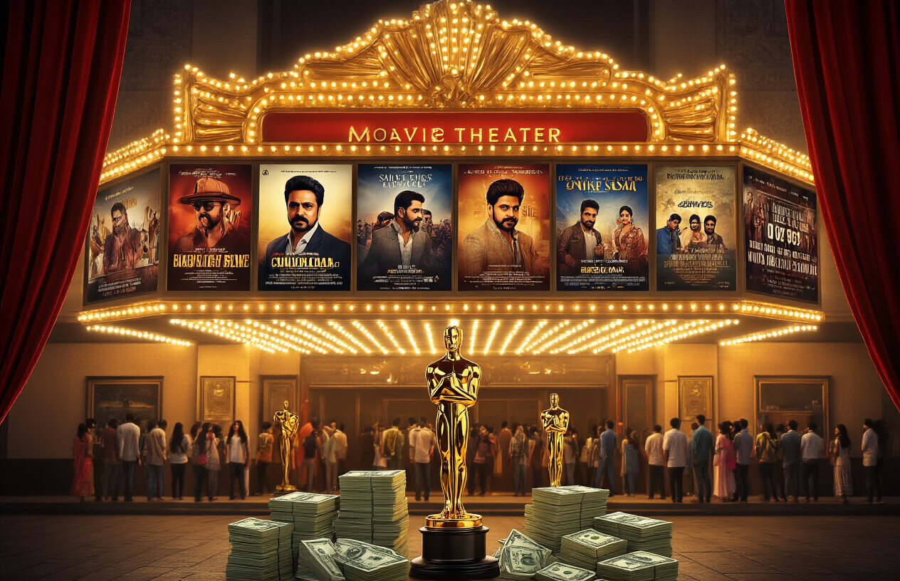 Create a realistic image of a glamorous Bollywood movie theater marquee displaying multiple movie posters featuring a middle-aged Indian male actor in various action and romantic poses, with golden trophy statues and stacks of money symbolizing box office success arranged in the foreground, warm golden lighting illuminating the scene, red velvet curtains framing the sides, and excited Indian moviegoers of mixed genders queuing outside the theater, absolutely NO text should be in the scene.