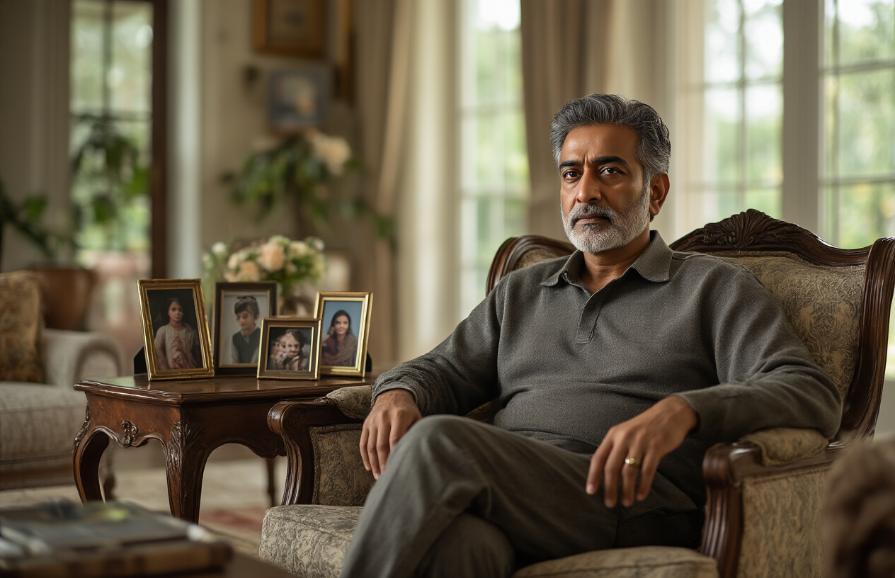 Create a realistic image of a South Asian male actor in his 50s with a warm, contemplative expression, sitting in an elegant living room setting with family photographs displayed on side tables, soft natural lighting filtering through large windows, creating an intimate and personal atmosphere that reflects family bonds and relationships, with comfortable furniture and decorative elements suggesting a luxurious yet homely environment, absolutely NO text should be in the scene.