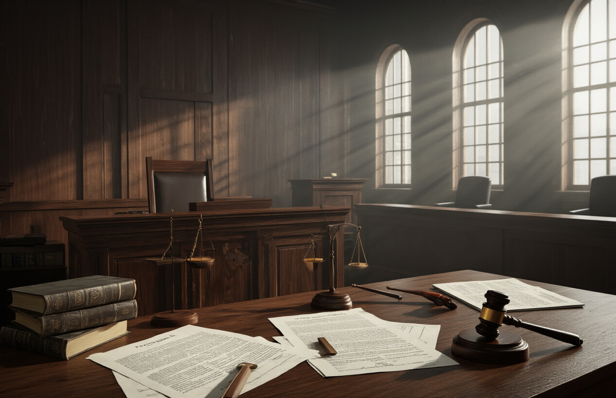 Create a realistic image of a dramatic courtroom scene with wooden judge's bench, legal documents scattered on tables, gavels, and law books, with dark atmospheric lighting casting shadows across the room, creating a serious and tense mood that represents legal challenges and controversies, with empty witness stand and lawyer's podiums visible in the background, Absolutely NO text should be in the scene.