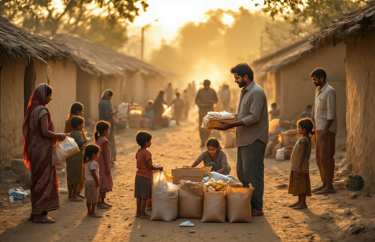 Create a realistic image of a charitable scene showing an Indian male celebrity distributing food packages and supplies to underprivileged families in a rural Indian village setting, with children and adults of various ages gathered around receiving aid, warm golden hour lighting creating a compassionate atmosphere, traditional Indian village backdrop with simple houses and dusty ground, volunteers helping in the background organizing relief materials, absolutely NO text should be in the scene.