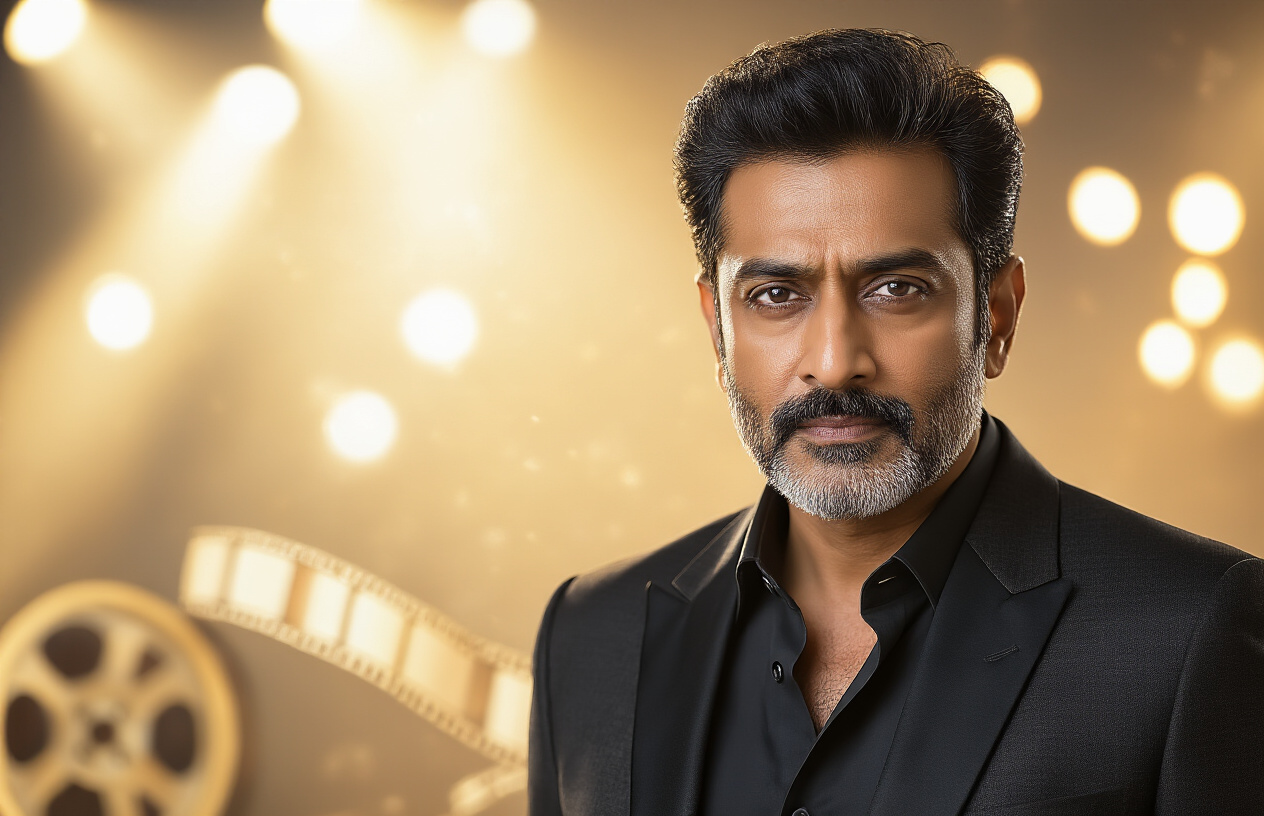 Create a realistic image of a professional Indian male actor in his 50s with a confident expression, wearing a stylish black suit, standing against a cinematic backdrop featuring golden spotlights and movie film reels, with soft dramatic lighting creating an inspirational and celebratory mood that represents a successful Bollywood career journey, absolutely NO text should be in the scene.