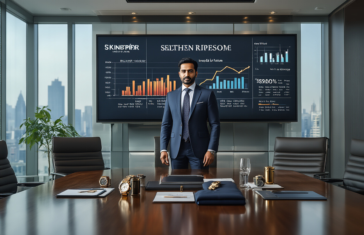 Create a realistic image of a successful South Asian male businessman in an elegant boardroom setting with luxury brand logos displayed on a digital screen behind him, expensive branded products like watches and clothing items arranged on a polished conference table, charts showing business growth and brand value metrics visible on wall displays, professional lighting highlighting the corporate atmosphere, and modern office interior with glass windows showing a city skyline in the background, absolutely NO text should be in the scene.