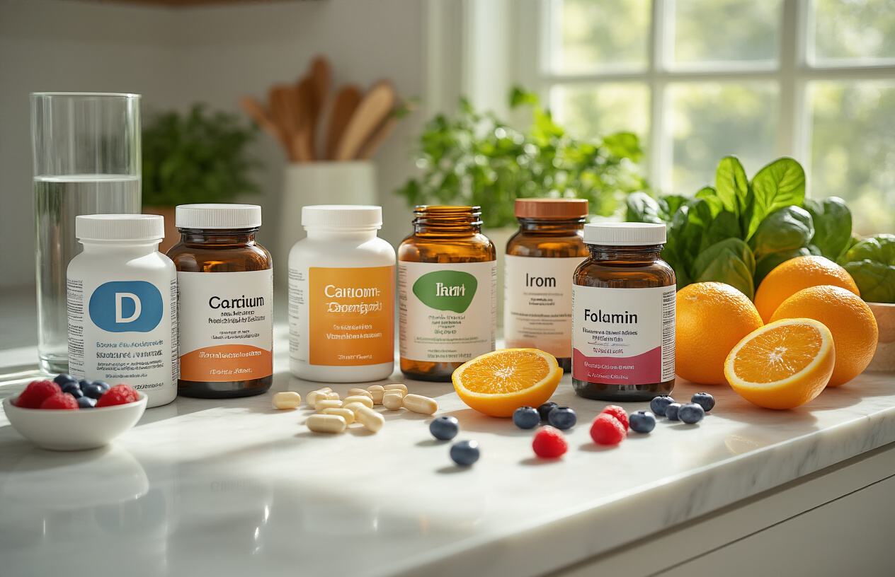 Create a realistic image of various essential vitamin bottles and supplements arranged on a clean white marble countertop, including vitamin D, B-complex, calcium, iron, and folic acid containers with colorful labels, alongside fresh fruits like oranges and berries, green leafy vegetables, and a glass of water, with soft natural lighting from a nearby window creating gentle shadows, in a modern kitchen setting with a warm and healthy lifestyle mood, absolutely NO text should be in the scene.