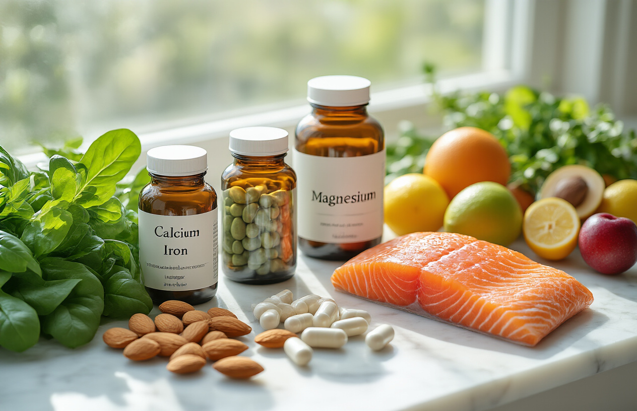 Create a realistic image of an elegant arrangement of essential mineral supplements and natural sources on a clean white marble surface, featuring bottles of calcium, iron, magnesium, and zinc supplements alongside fresh leafy greens, almonds, salmon fillet, and colorful fruits, with soft natural lighting from a window creating gentle shadows, conveying a sense of health and wellness, absolutely NO text should be in the scene.