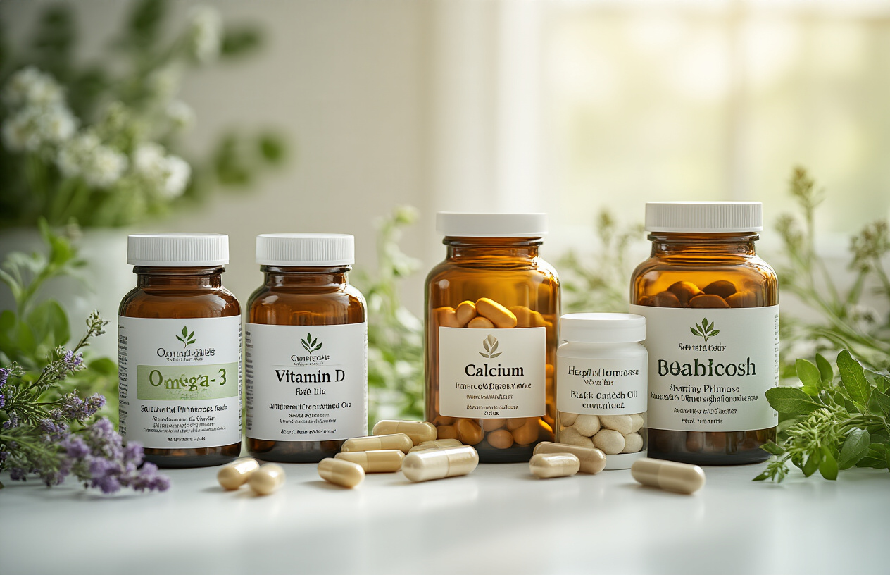 Create a realistic image of various hormone-supporting supplement bottles and capsules arranged on a clean white surface, featuring omega-3 fish oil, vitamin D, calcium, magnesium, and herbal supplements like evening primrose oil and black cohosh, with soft natural lighting from the side, showing different pill sizes and bottle shapes to represent supplements for various women's life stages from adolescence through menopause, with a subtle background of fresh herbs and flowers, conveying health and wellness, absolutely NO text should be in the scene.