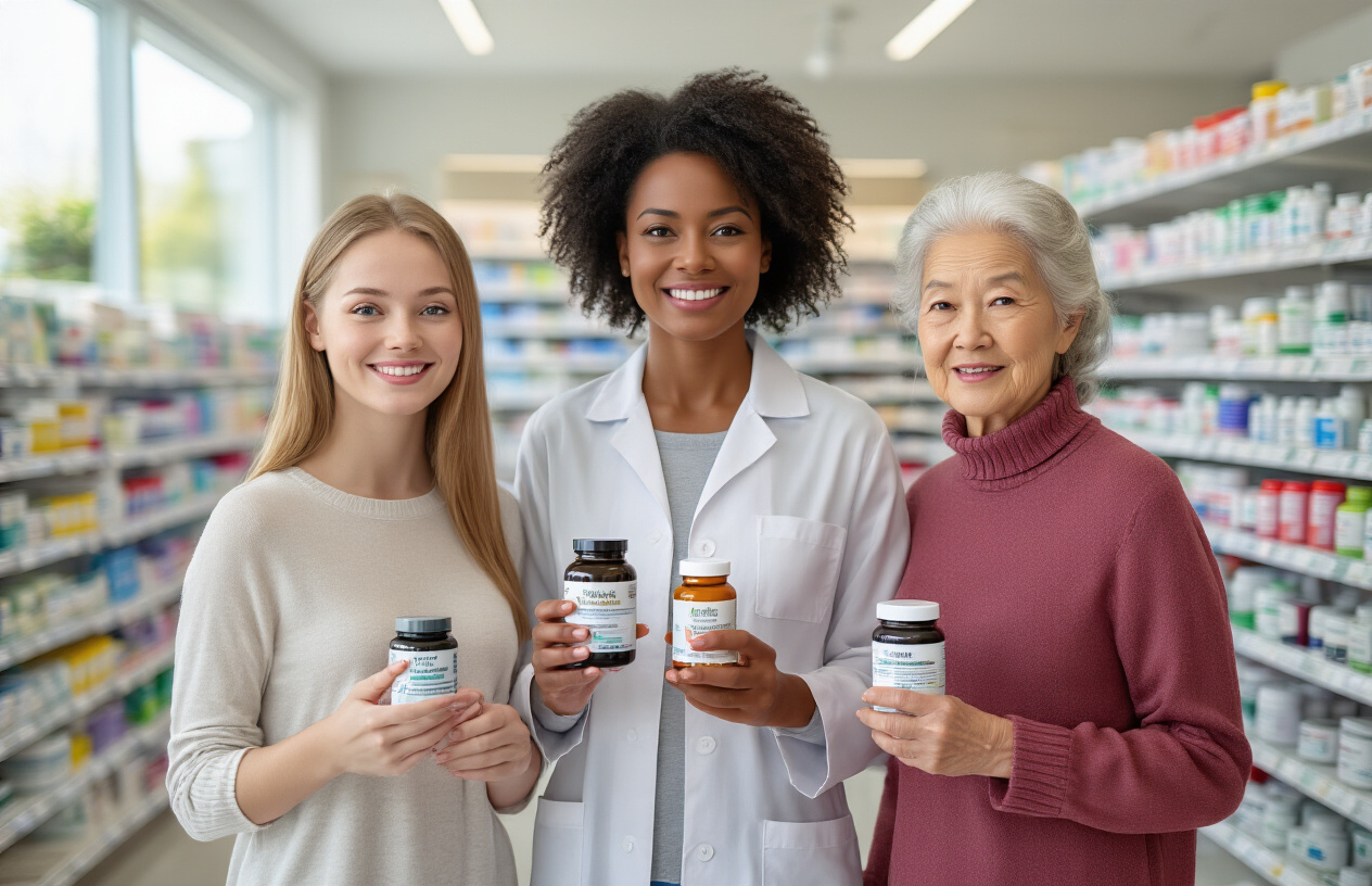 Create a realistic image of a diverse group of women of different ages - a young white woman in her 20s, a middle-aged black woman in her 40s, and an elderly Asian woman in her 60s - standing together in a modern pharmacy or health store setting, each holding different supplement bottles appropriate for their age group, with shelves of colorful vitamin and supplement containers visible in the background, bright natural lighting from large windows, clean and organized environment with a professional healthcare atmosphere, absolutely NO text should be in the scene.