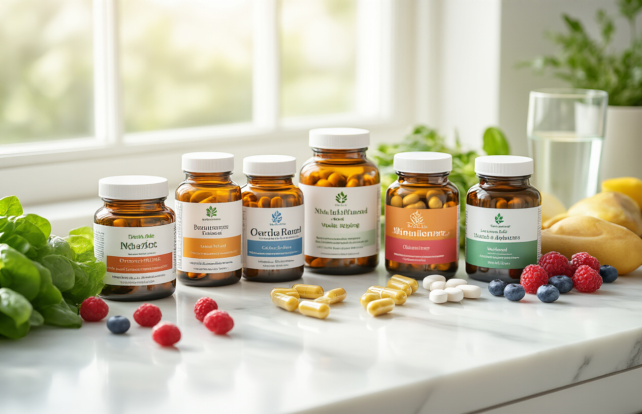 Create a realistic image of a diverse collection of health supplement bottles and capsules arranged on a clean white marble countertop, including vitamin bottles with colorful labels, omega-3 capsules, calcium tablets, and herbal supplements, with soft natural lighting from a nearby window creating gentle shadows, surrounded by fresh elements like green leafy vegetables, berries, and a glass of water, conveying a sense of wellness and healthy living, shot from a slightly elevated angle to showcase the variety of supplements, with a bright and clean atmosphere that suggests health and vitality, absolutely NO text should be in the scene.