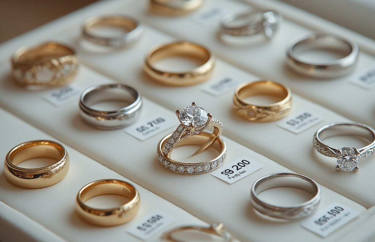 Create a realistic image of various types of rings displayed on a clean white jewelry display surface, including wedding bands, engagement rings with diamonds, fashion rings, and vintage rings of different metals like gold, silver, and platinum, with small price tags showing different price ranges next to each ring type, shot with soft professional lighting from above, Absolutely NO text should be in the scene.