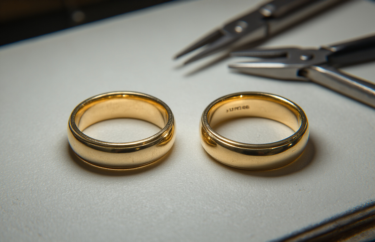 Create a realistic image of two jewelry rings side by side on a clean white jeweler's workbench, one ring showing it's being stretched larger with subtle tool marks around the band, and another ring showing it's being compressed smaller with gentle pressing marks, both rings are gold wedding bands with different sizing techniques visible, professional jewelry tools including ring mandrels and sizing pliers arranged nearby, bright clean lighting from above, close-up detailed view showing the craftsmanship differences between enlarging and reducing ring sizes, absolutely NO text should be in the scene.