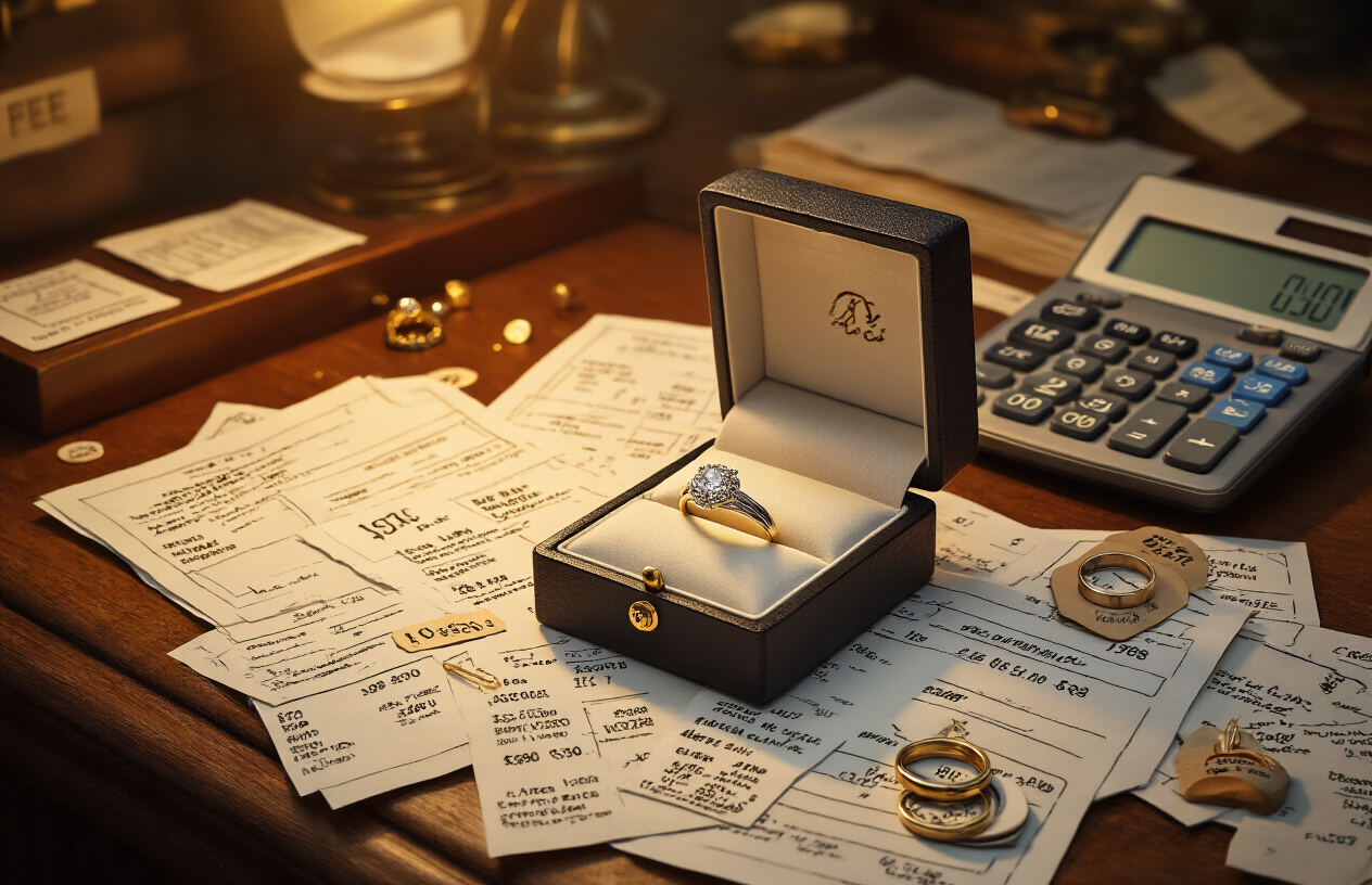 Create a realistic image of a jewelry store counter displaying a ring alongside scattered receipt papers with various fee line items, a calculator showing additional costs, and small price tags attached to different jewelry tools like ring sizers and mandrels, with warm lighting highlighting the unexpected expenses, shot from above to show the full cost breakdown scene, absolutely NO text should be in the scene.
