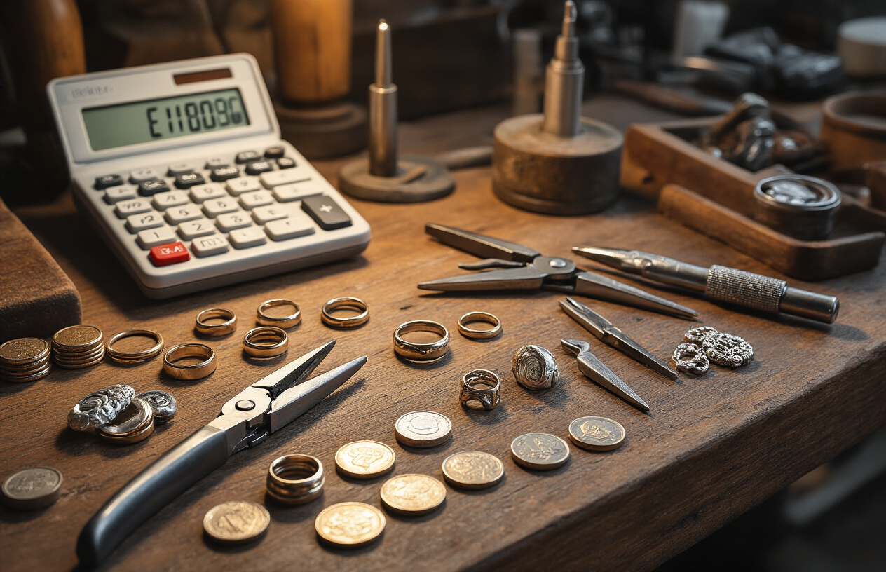 Create a realistic image of a jewelry workbench scene showing various money-saving ring resizing tools and materials including a basic ring sizer set, simple pliers, a small torch, silver solder wire, and a few rings of different sizes arranged on a wooden work surface, with a calculator displaying numbers and some coins scattered nearby, all under warm workshop lighting that emphasizes the cost-effective DIY approach to ring resizing, absolutely NO text should be in the scene.