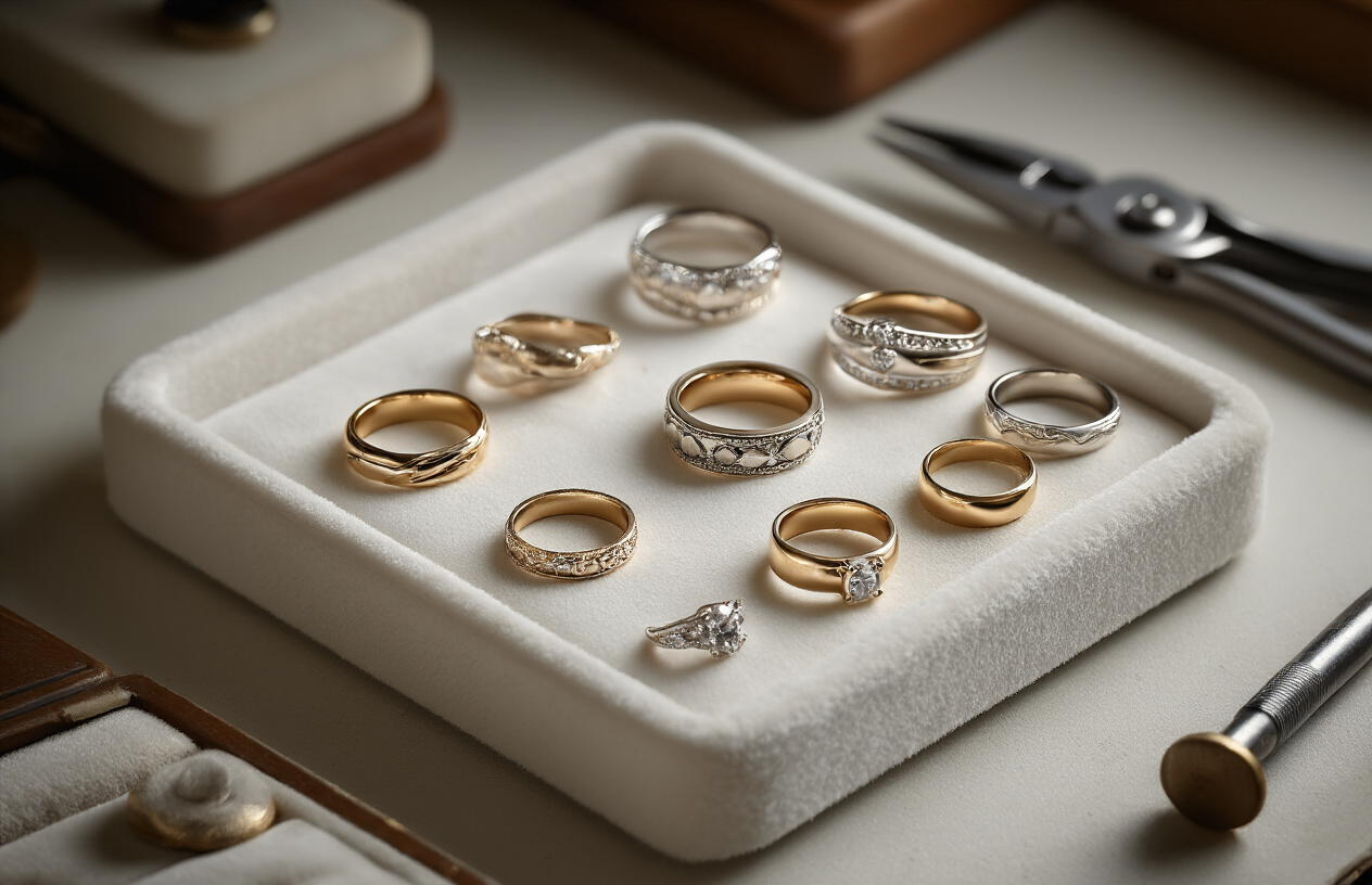 Create a realistic image of a close-up view of elegant jewelry rings in various sizes displayed on a clean white velvet jewelry tray, with a professional jeweler's sizing tools including ring mandrel and sizing pliers visible in the background, soft natural lighting creating gentle shadows, conveying a sense of precision and craftsmanship in a jewelry workshop setting, absolutely NO text should be in the scene.