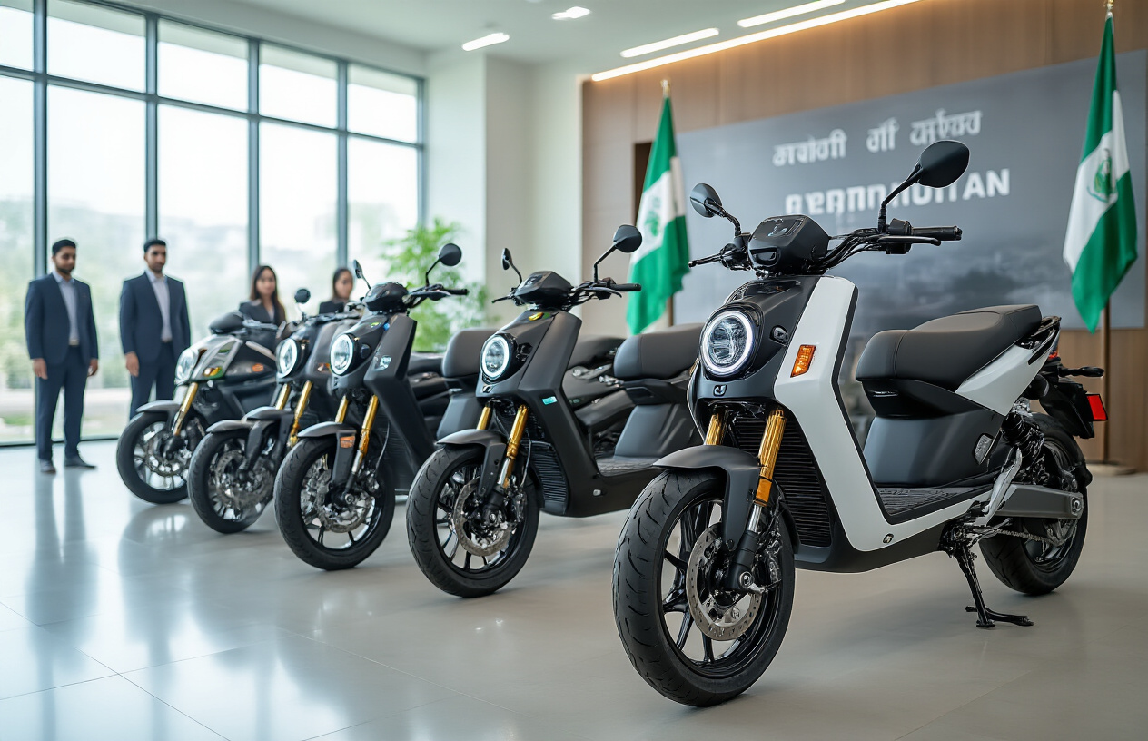 Create a realistic image of several modern electric motorcycles and scooters displayed in an organized arrangement, featuring sleek designs with visible charging ports and battery indicators, set against a clean indoor showroom or government office background with Punjab state banners or flags visible in the background, professional lighting highlighting the vehicles' modern features and eco-friendly design elements, with a few South Asian male and female officials in formal attire standing nearby examining the vehicles, creating an atmosphere of an official announcement or presentation event, absolutely NO text should be in the scene.