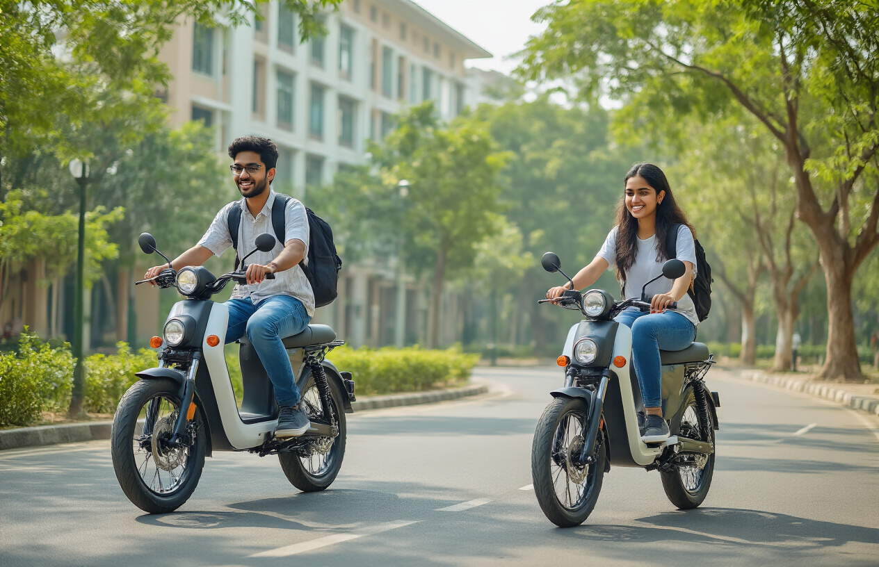 Create a realistic image of young South Asian male and female students happily riding modern electric bikes on a clean university campus road, with green trees and educational buildings in the background, bright daylight with natural lighting creating an optimistic and eco-friendly atmosphere, showing the students wearing casual clothes and backpacks while demonstrating the convenience and environmental benefits of electric transportation. Absolutely NO text should be in the scene.
