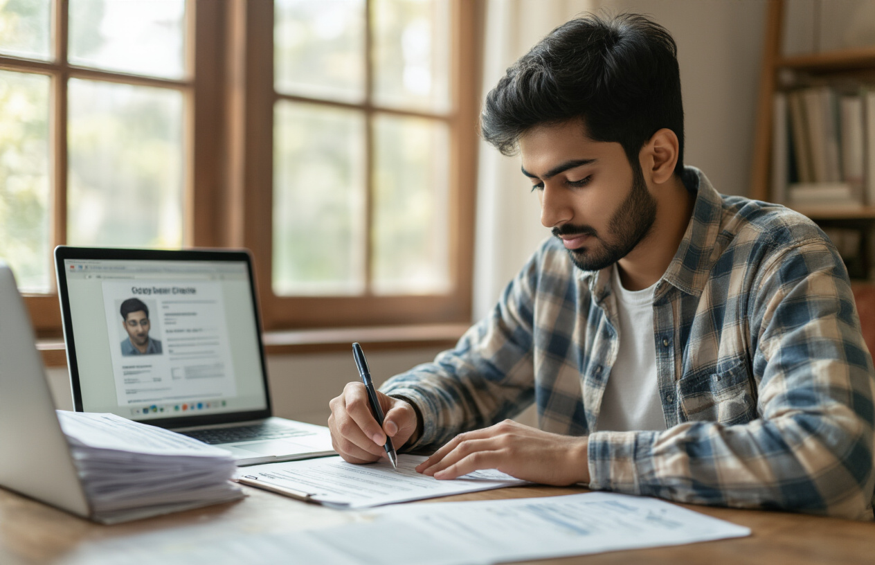Create a realistic image of a South Asian male student in casual clothing sitting at a wooden desk filling out an application form with a pen, with documents and eligibility criteria papers spread on the desk, a laptop computer showing an online application portal in the background, soft natural lighting from a window creating a focused study atmosphere, Absolutely NO text should be in the scene.