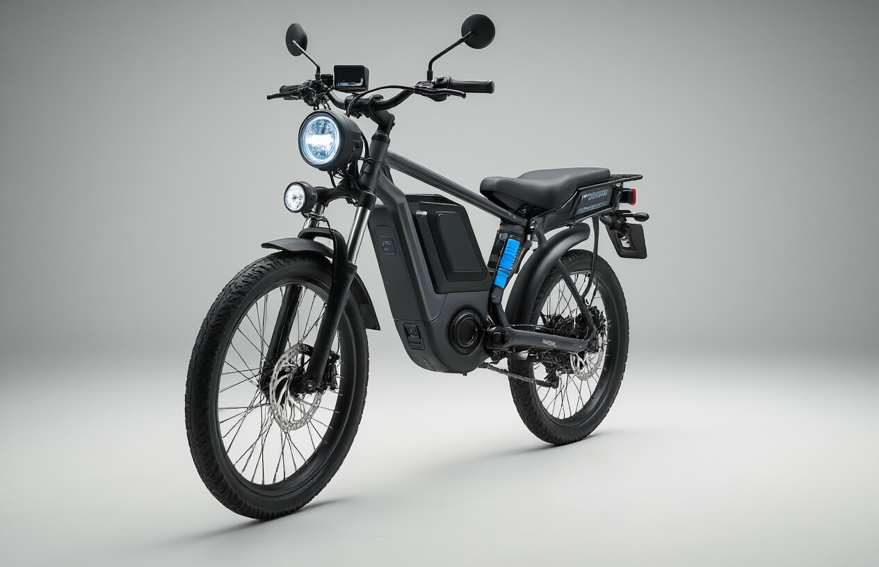 Create a realistic image of a modern electric bike displayed in a technical showcase style, featuring its key technological components like the battery pack, electric motor, digital display panel, charging port, and LED lights, with the bike positioned at a three-quarter angle on a clean white background to highlight its sleek design and technical features, professional studio lighting illuminating the bike's technological details, absolutely NO text should be in the scene.