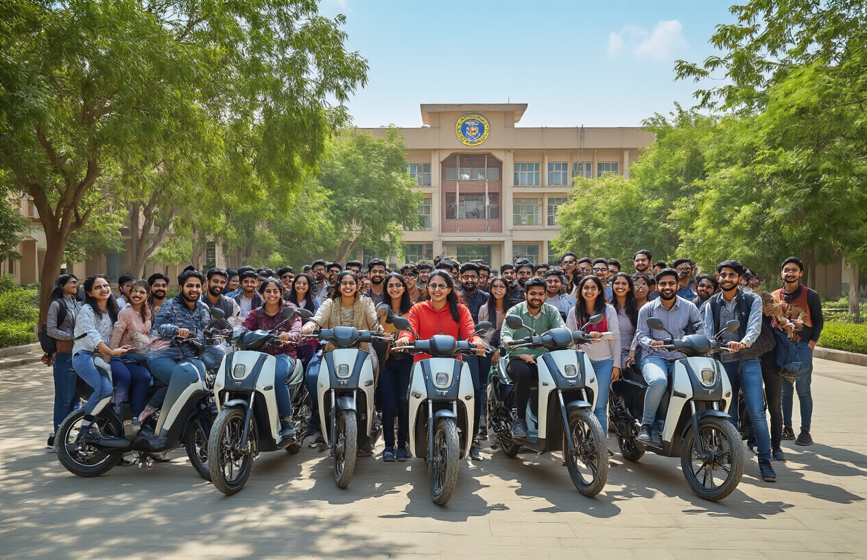 Create a realistic image of a large group of diverse male and female students of South Asian ethnicity standing with modern electric bikes in front of a Punjab university campus building, showing excitement and happiness with some students sitting on their new electric bikes while others are standing beside them, green trees and clear blue sky in the background creating an optimistic and progressive atmosphere, bright natural daylight illuminating the scene, absolutely NO text should be in the scene.