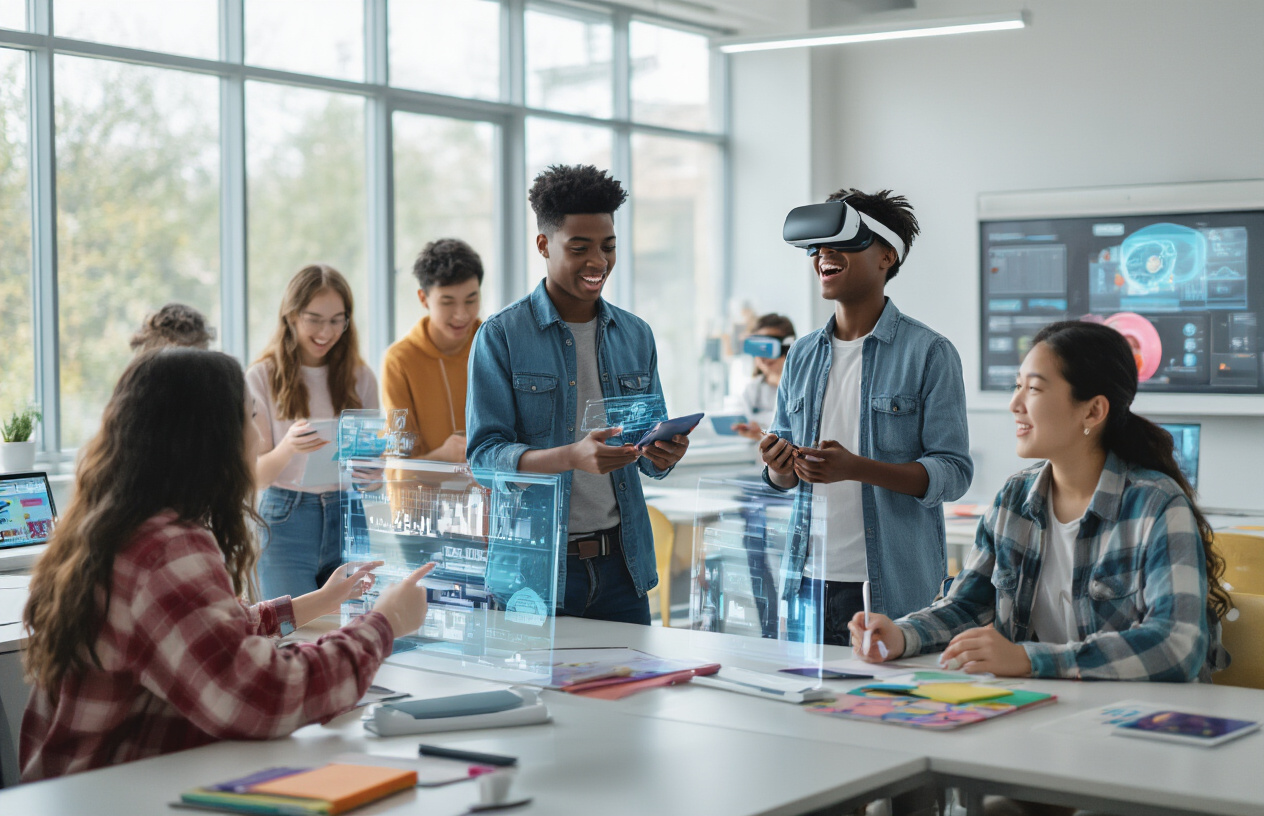 Create a realistic image of young diverse students aged 16-20 including white, black, and Asian males and females using advanced AI-powered educational technology in a modern classroom, with holographic displays, interactive tablets, VR headsets, and smart whiteboards, featuring bright natural lighting from large windows, students actively engaged in collaborative learning with excited and focused expressions, sleek contemporary furniture and colorful educational materials in the background, absolutely NO text should be in the scene.