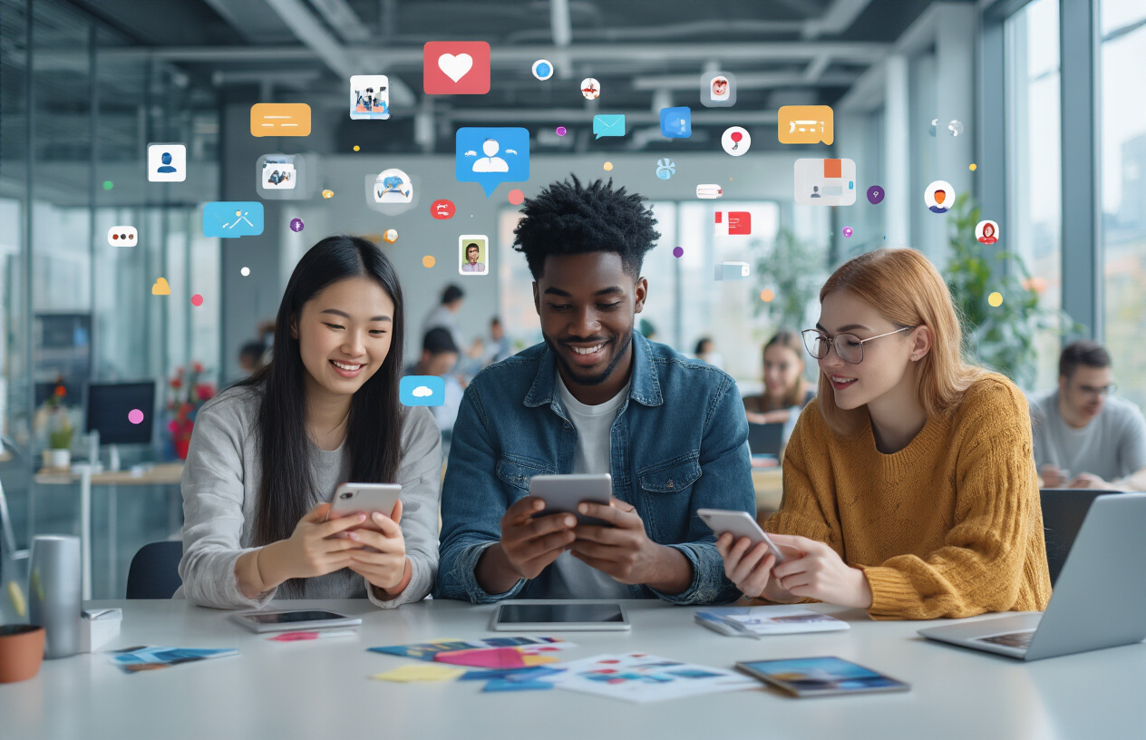 Create a realistic image of young diverse people aged 18-25 including Asian female, Black male, and White female sitting together in a modern tech workspace, actively using smartphones and tablets with social media interfaces visible on screens, innovative communication apps and AI-powered chat interfaces displayed on devices, colorful notification bubbles and connection icons floating around them, contemporary office environment with glass walls and tech company aesthetic, bright natural lighting from large windows, collaborative and innovative atmosphere, people engaged in animated discussion while pointing at their devices, modern furniture and minimalist design elements in background, Absolutely NO text should be in the scene.