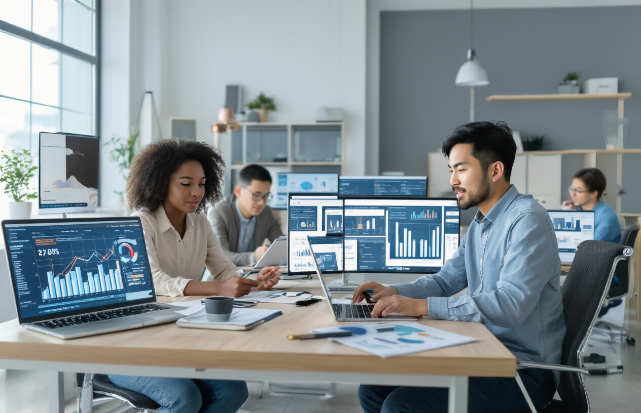 Create a realistic image of a young diverse group of people using AI technology for financial management and career development, featuring a black female and an Asian male sitting at a modern desk with laptops, smartphones, and financial charts displayed on screens, surrounded by a bright contemporary office environment with natural lighting, showing them analyzing data and planning their careers using digital tools, with a professional yet innovative atmosphere. Absolutely NO text should be in the scene.