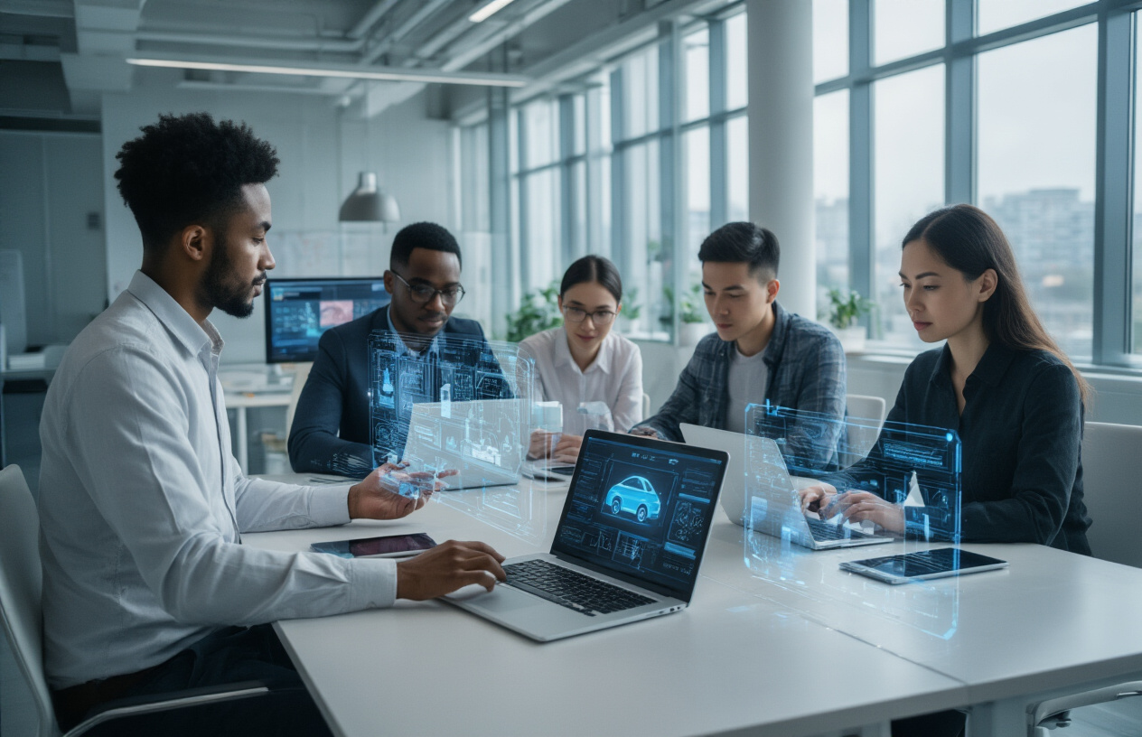 Create a realistic image of young diverse professionals including white, black, and Asian males and females collaborating around a modern workspace with laptops, tablets, and holographic AI interfaces displaying innovative applications like smart healthcare diagnostics, autonomous vehicles, and educational technology, set in a bright futuristic office environment with glass walls and natural lighting streaming through large windows, conveying an atmosphere of innovation, progress, and technological advancement as they work together on cutting-edge AI solutions, absolutely NO text should be in the scene.