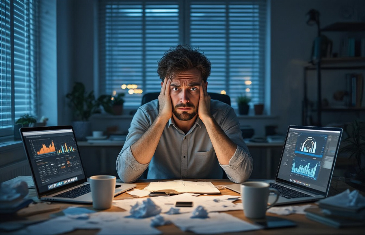 Create a realistic image of a stressed white male entrepreneur in his 30s sitting at a cluttered desk with multiple laptops and smartphones showing various online business dashboards, surrounded by empty coffee cups and crumpled papers, with dark circles under his eyes indicating exhaustion, in a dimly lit home office with late evening lighting streaming through blinds, creating a mood of overwhelming burnout and frustration from unrealistic online business expectations, absolutely NO text should be in the scene.