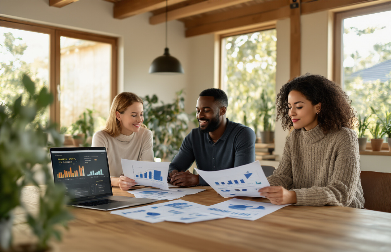 Create a realistic image of a diverse group of people including a white female, black male, and Asian female sitting around a modern wooden table in a bright, airy home office space, looking relaxed and confident while reviewing financial documents and charts showing steady, moderate growth curves, with a laptop displaying simple investment portfolios, surrounded by plants and natural lighting from large windows, conveying a calm and sustainable approach to wealth building, with soft warm lighting creating a peaceful and stress-free atmosphere, absolutely NO text should be in the scene.