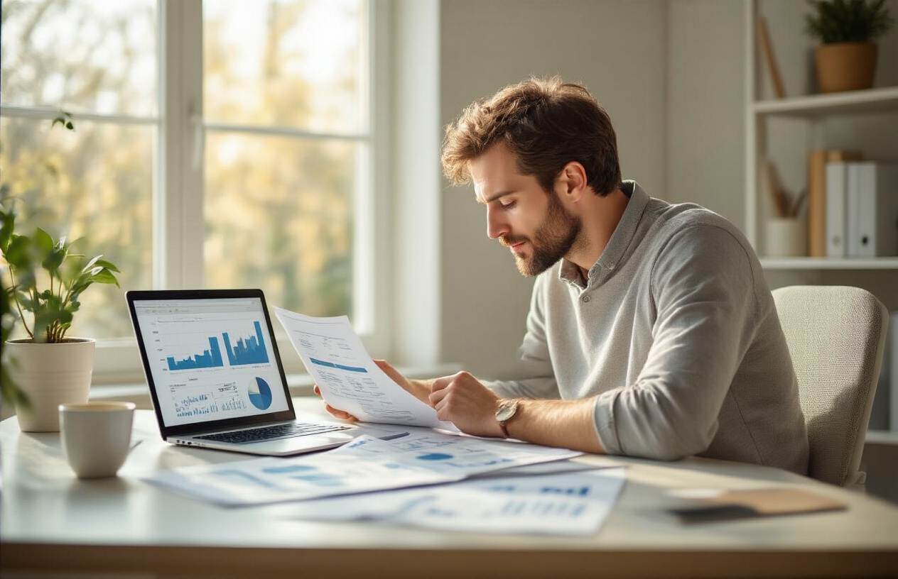 Create a realistic image of a peaceful white male in his 30s sitting at a clean, organized desk with a calm expression, looking relieved while reviewing financial documents spread neatly in front of him, a laptop displaying simple charts showing steady growth, a cup of coffee, and a small potted plant on the desk, natural sunlight streaming through a window creating a warm, optimistic atmosphere in a modern home office setting, conveying a sense of clarity and understanding about realistic financial planning, absolutely NO text should be in the scene.