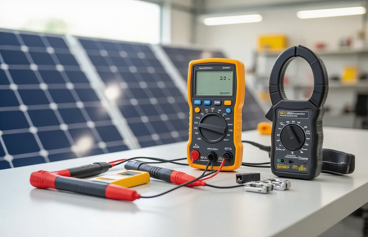 Create a realistic image of specialized solar measurement and testing equipment arranged on a clean work surface, featuring a digital multimeter with red and black probe leads, a solar irradiance meter with LCD display, a clamp meter, an insulation tester, and a MC4 connector tester, with solar panels visible in the blurred background under bright natural lighting, professional workshop setting with organized tools displaying precise measurement capabilities, Absolutely NO text should be in the scene.