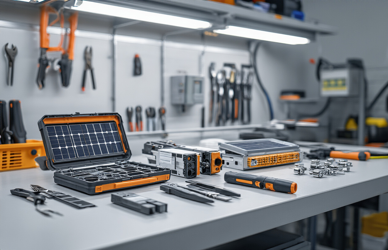 Create a realistic image of professional solar panel connector tools and junction equipment arranged on a clean workbench, including MC4 connectors, crimping tools, junction boxes, cable strippers, and multibranch connectors, with bright workshop lighting illuminating the metallic and plastic components against a neutral gray background, absolutely NO text should be in the scene.