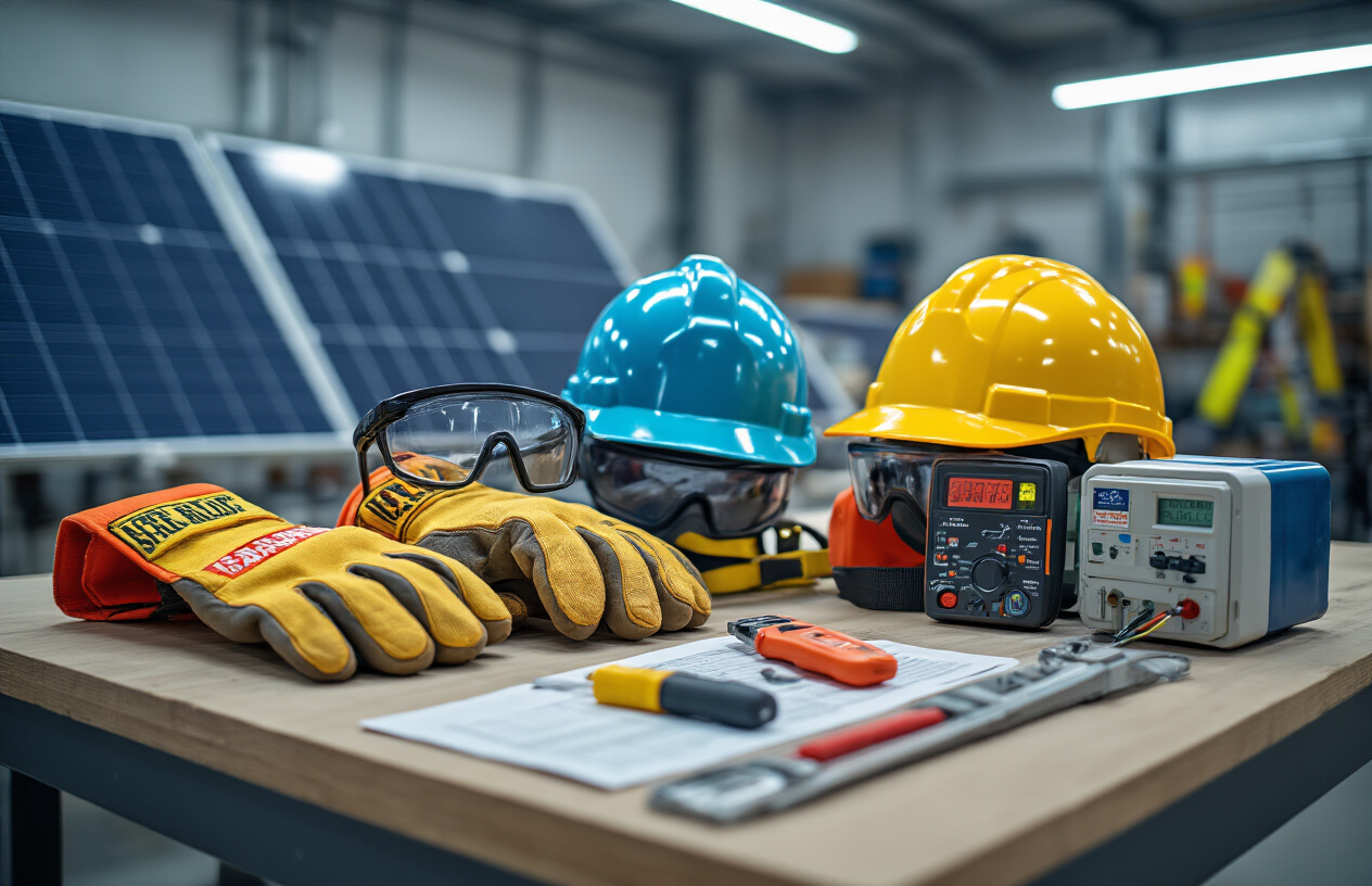 Create a realistic image of essential safety equipment for solar installation work arranged on a clean workbench, including safety glasses, insulated electrical gloves, hard hat, voltage tester, circuit breaker lockout devices, first aid kit, and safety harness, with bright workshop lighting highlighting the protective gear against a blurred background of solar panels and electrical components, conveying professionalism and workplace safety, absolutely NO text should be in the scene.