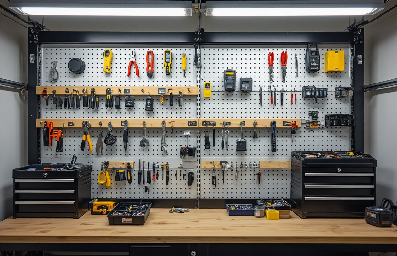 Create a realistic image of a well-organized workshop pegboard wall displaying various solar installation tools neatly arranged in labeled storage compartments and hanging hooks, including wire strippers, crimping tools, multimeters, cable cutters, and MC4 connectors, with a clean workbench below featuring organized toolboxes and parts bins containing small solar components, bright workshop lighting illuminating the organized space, professional and efficient atmosphere. Absolutely NO text should be in the scene.