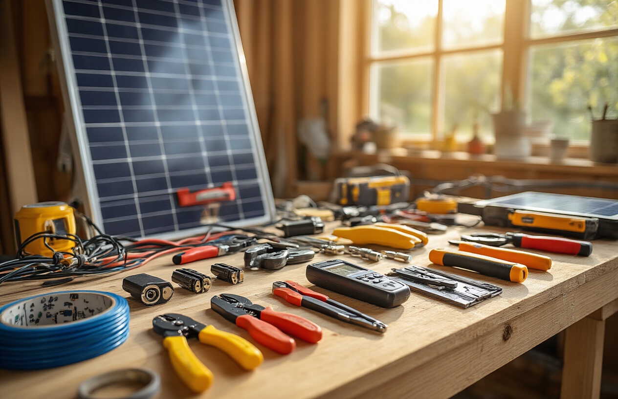 Create a realistic image of a well-organized collection of 12 essential solar panel installation tools neatly arranged on a wooden workbench, including wire strippers, crimping tools, multimeter, MC4 connectors, solar panel cables, electrical tape, and other professional wiring equipment, with warm natural lighting from a nearby window illuminating the tools, creating a professional workshop atmosphere that conveys efficiency and cost savings, with some solar panels visible in the blurred background, Absolutely NO text should be in the scene.