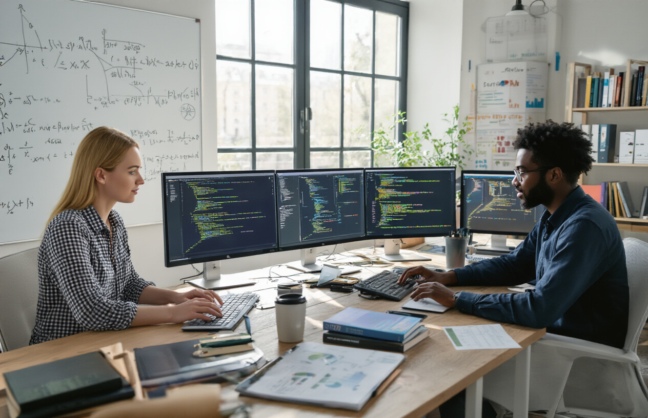 Create a realistic image of a diverse professional workspace featuring a white female data scientist and a black male programmer working together at modern computers with multiple monitors displaying code, algorithms, and data visualizations, surrounded by mathematical equations on a whiteboard, programming books, and statistical charts on the wall, with natural lighting streaming through large windows creating a focused learning environment, absolutely NO text should be in the scene.
