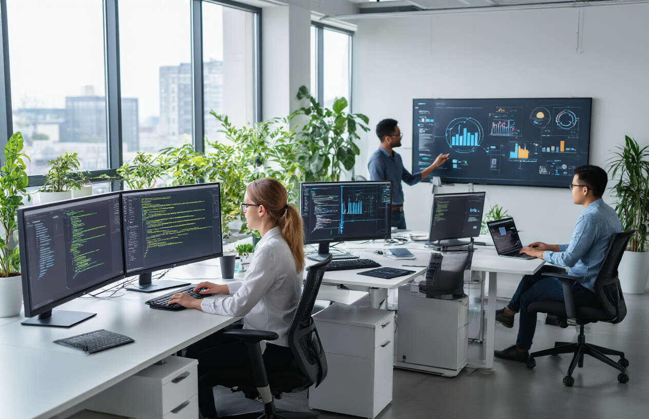 Create a realistic image of a modern office environment showcasing diverse professionals working with machine learning technology, featuring a white female data scientist analyzing code on multiple monitors, a black male engineer presenting AI models on a digital whiteboard, and an Asian female developer working on laptop with data visualizations, surrounded by sleek workstations with computers displaying graphs and algorithms, contemporary office furniture, large windows with natural lighting creating a bright productive atmosphere, potted plants adding freshness to the tech workspace, absolutely NO text should be in the scene.