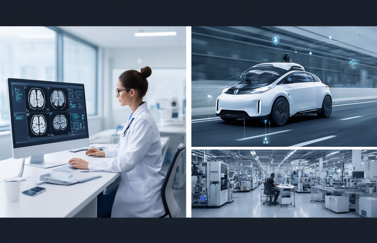 Create a realistic image of a modern split-screen composition showing machine learning applications across different sectors: in one section a white female doctor analyzing medical brain scans on a computer screen in a hospital setting, in another section an autonomous vehicle with visible sensors driving on a highway, a third section showing a black male data scientist working with financial charts and algorithms in a sleek office environment, and a fourth section displaying a smart factory with robotic arms and automated assembly lines, all connected by subtle digital network lines and data visualization elements, with clean modern lighting and a professional tech-focused atmosphere, absolutely NO text should be in the scene.